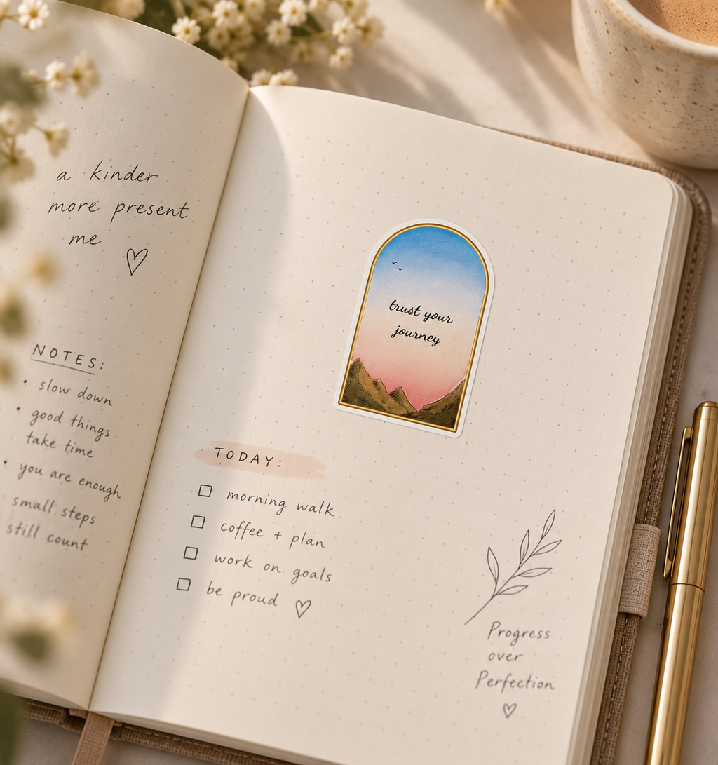 Trust Your Journey Sticker — Arched Sunset Mountain Kiss-Cut Decal