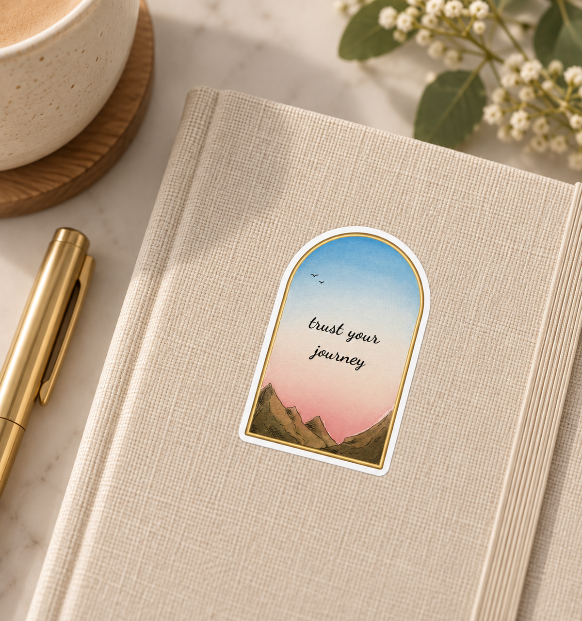Trust Your Journey Sticker — Arched Sunset Mountain Kiss-Cut Decal
