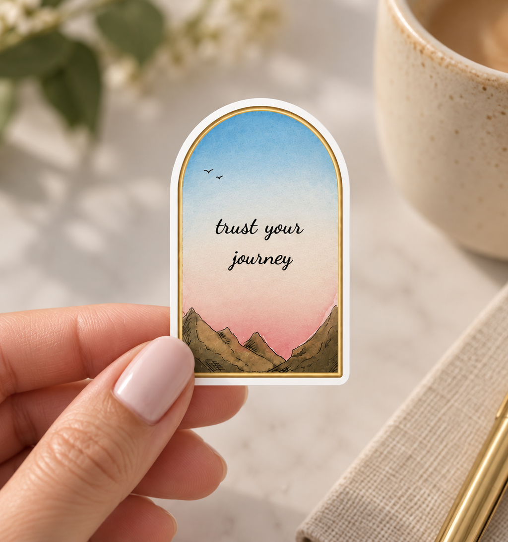 Trust Your Journey Sticker — Arched Sunset Mountain Kiss-Cut Decal